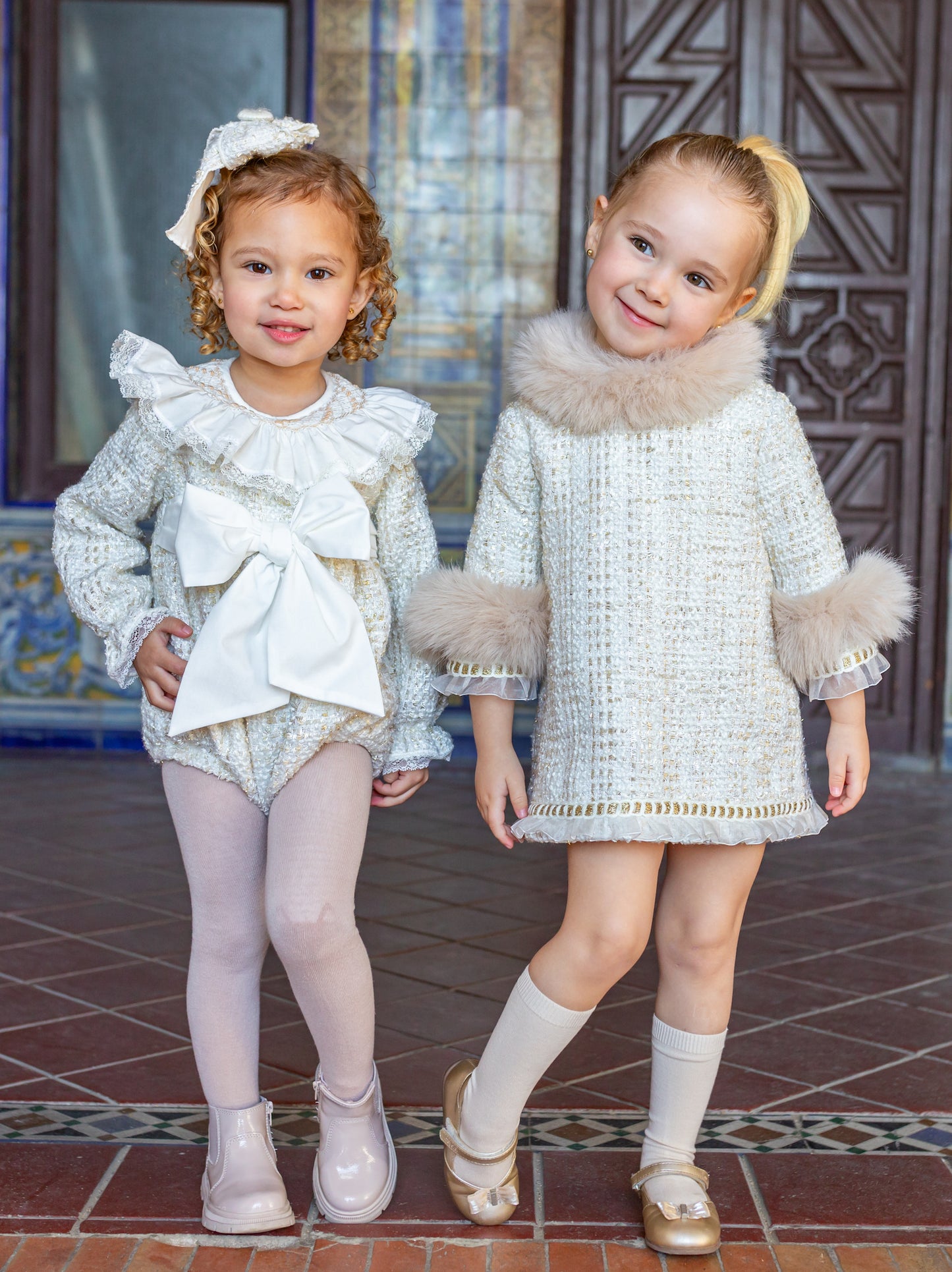 NAXOS Cream & Gold Tweed Girls Romper - 7401