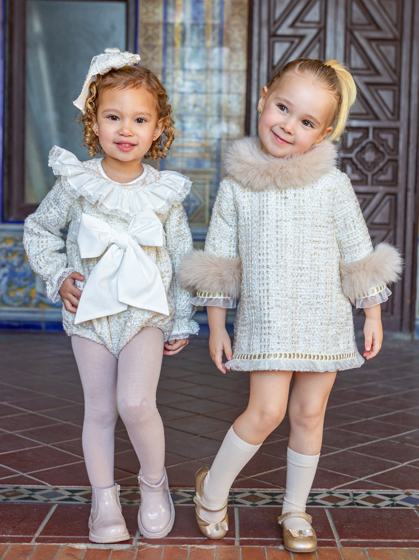 NAXOS Cream & Gold Tweed Girls A-Line Dress with Fur Trim - 7432