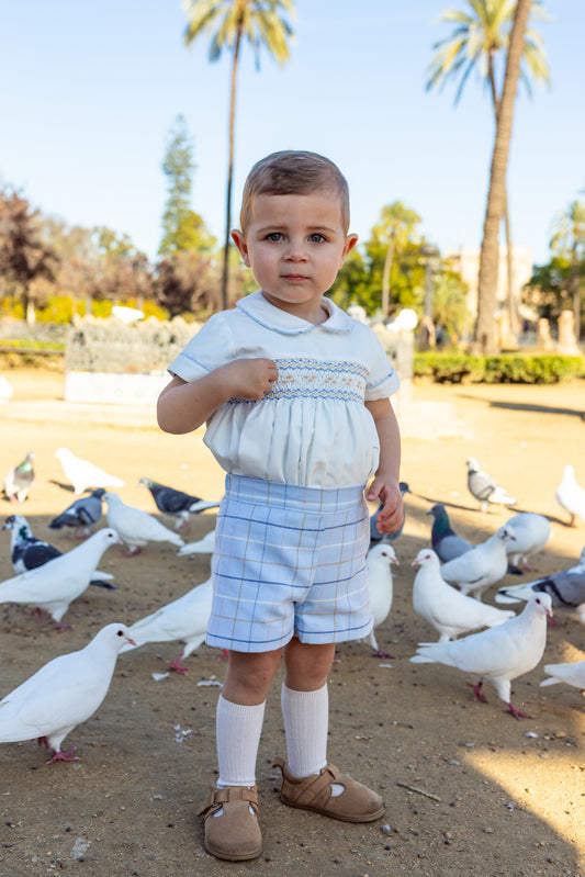 NAXOS Blue Check Boys Smocked Buster Suit - 7412