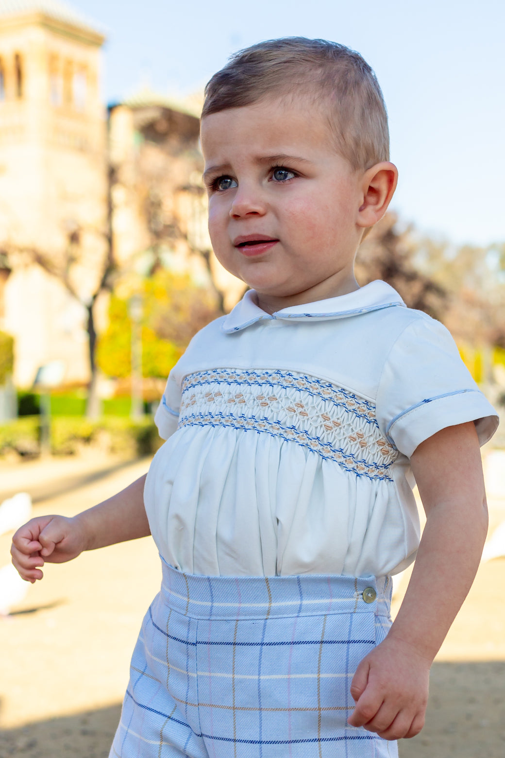 NAXOS Blue Check Boys Smocked Buster Suit - 7412