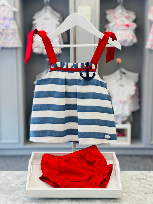 BASMARTI Gladstone Girls Nautical Stripe Linen Dress & Knickers - 21100