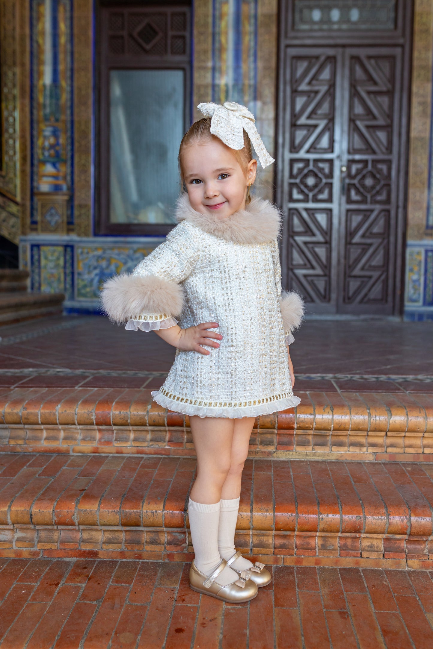 NAXOS Cream & Gold Tweed Girls A-Line Dress with Fur Trim - 7432