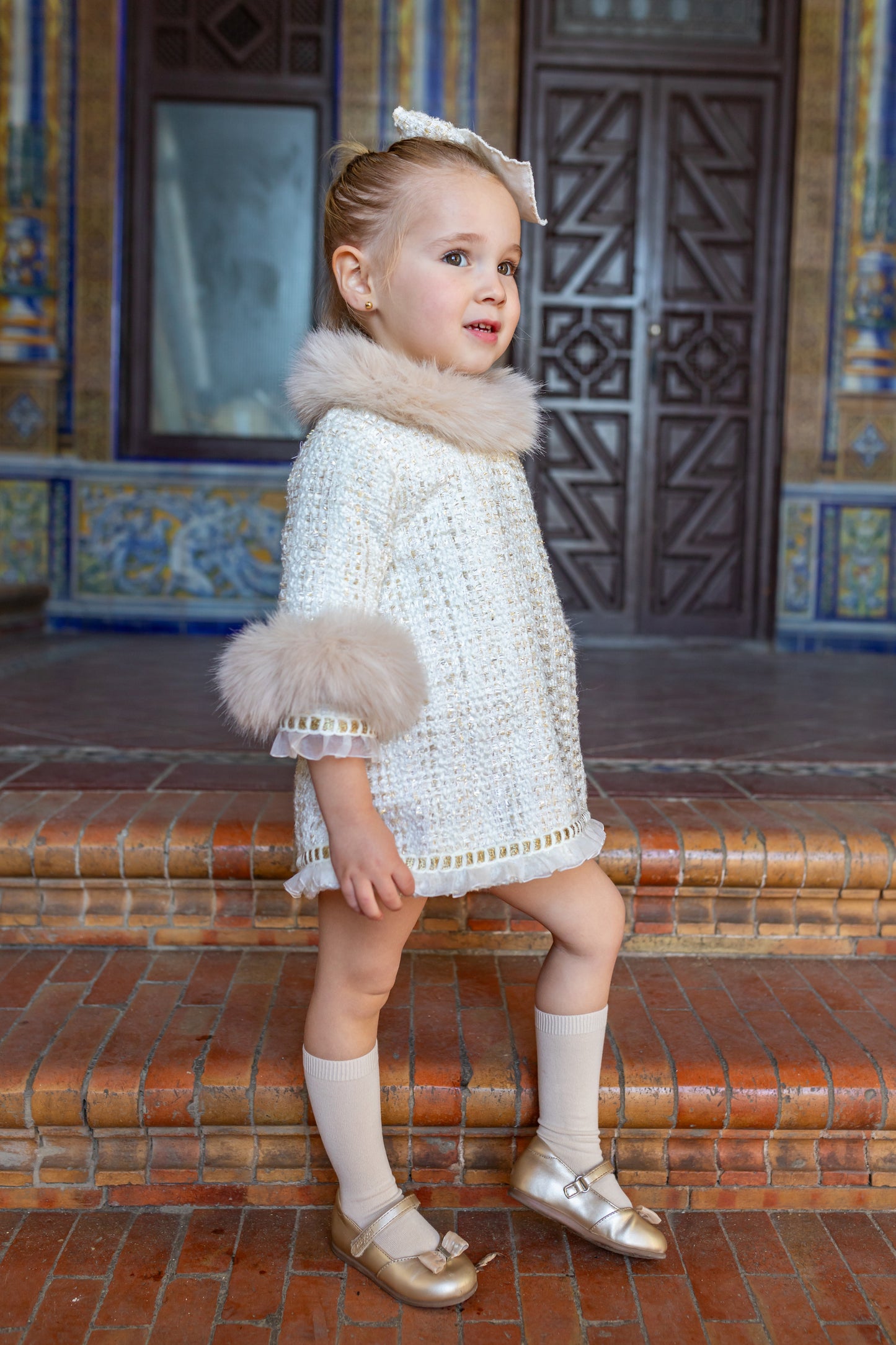 NAXOS Cream & Gold Tweed Girls A-Line Dress with Fur Trim - 7432