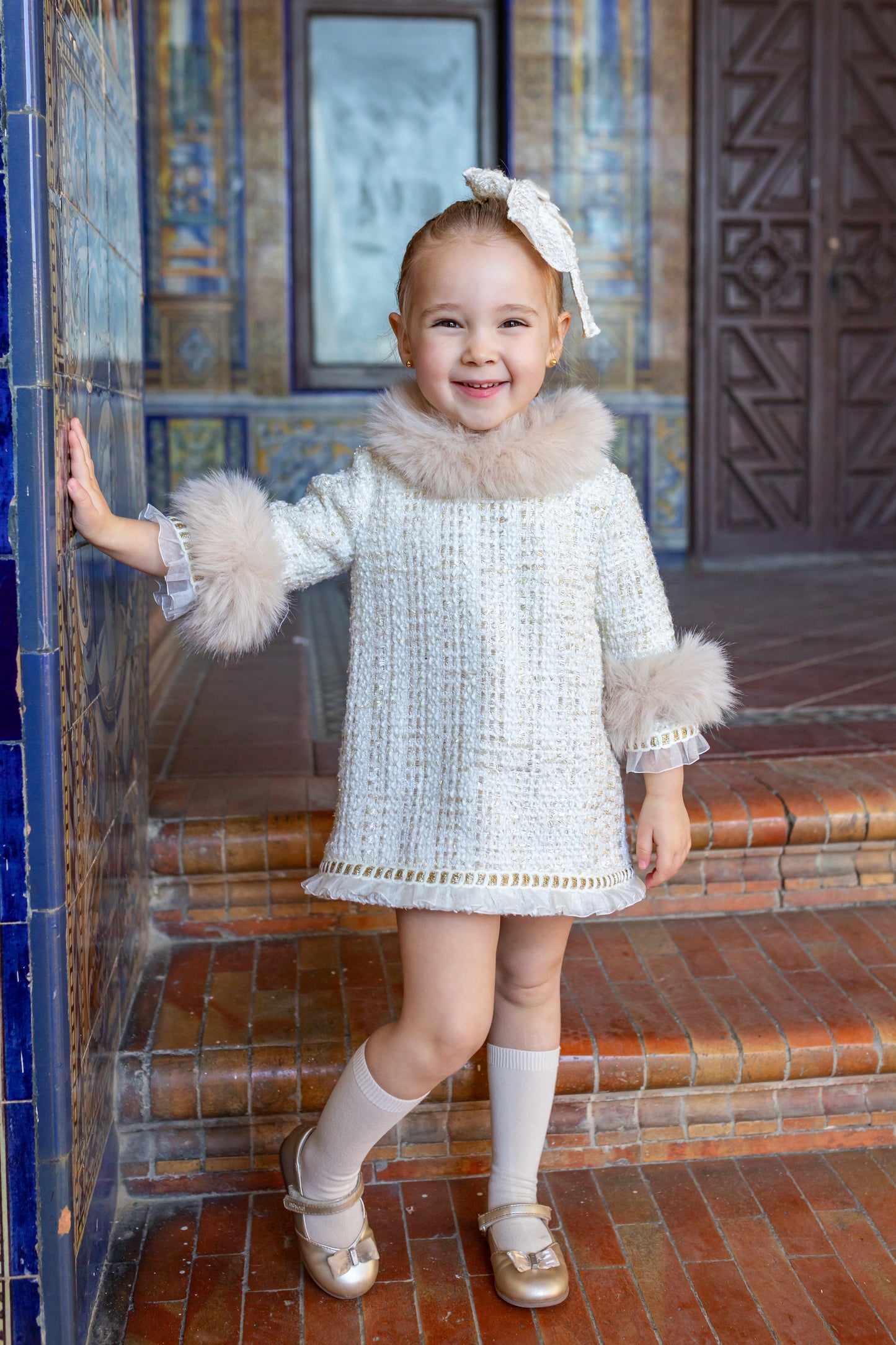 NAXOS Cream & Gold Tweed Girls A-Line Dress with Fur Trim - 7432