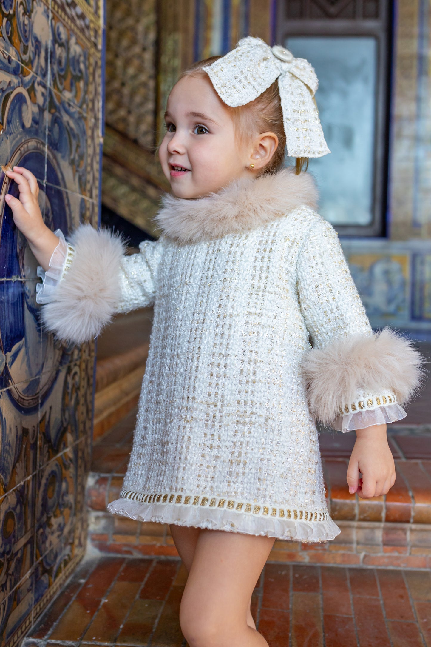 NAXOS Cream & Gold Tweed Girls A-Line Dress with Fur Trim - 7432