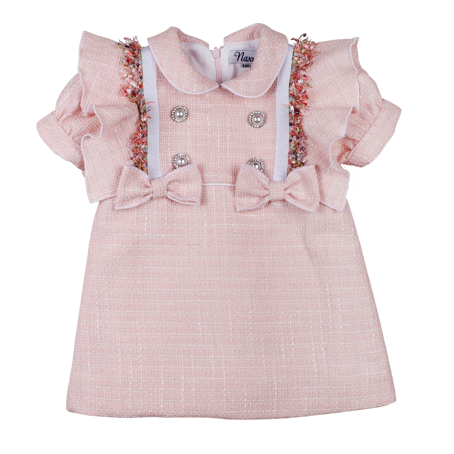 NAXOS Pink Tweed Girls Frill Sleeve Dress - 7433