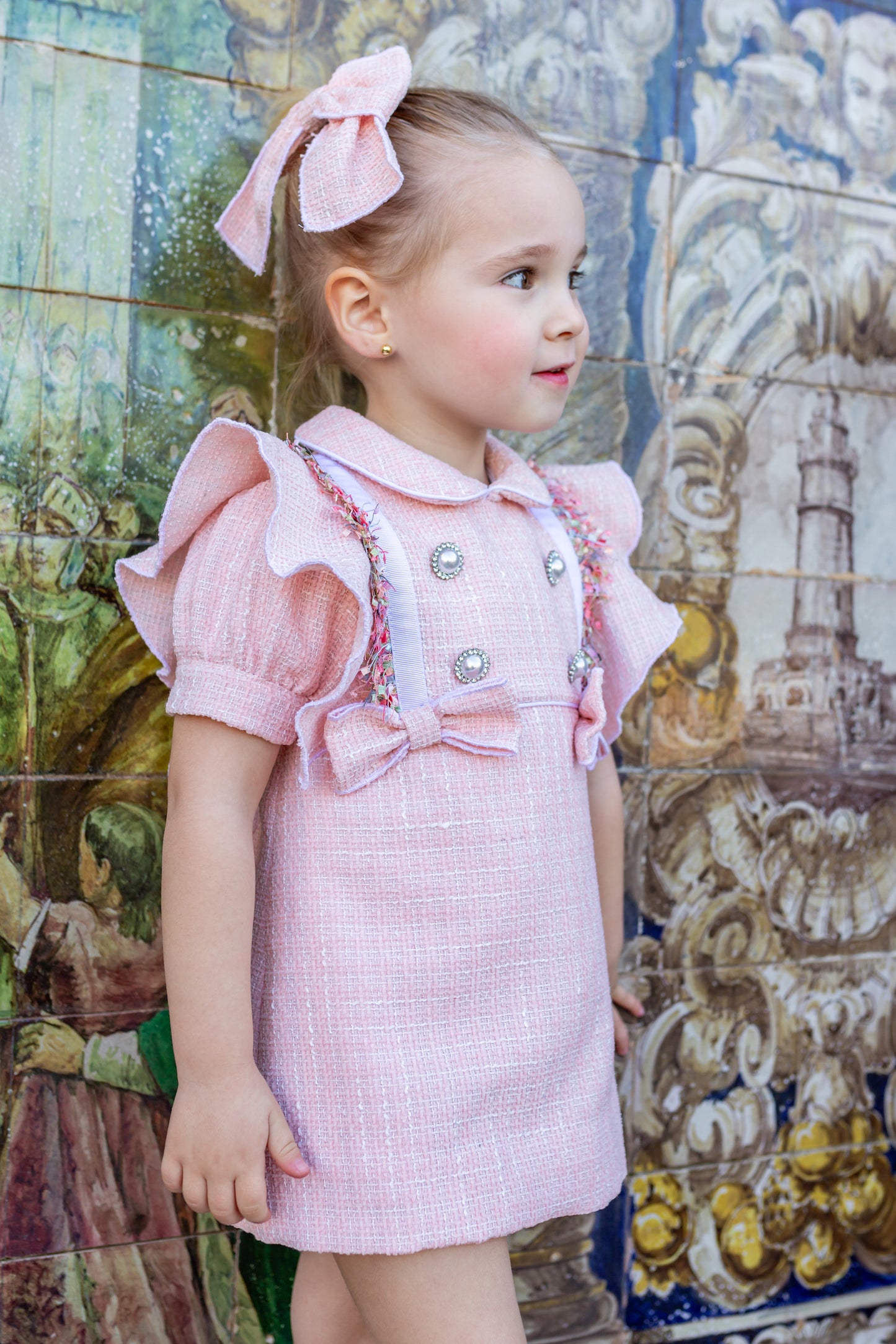 NAXOS Pink Tweed Girls Frill Sleeve Dress - 7433