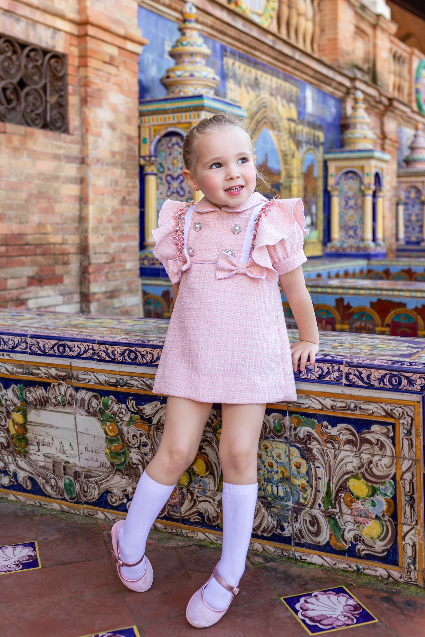 NAXOS Pink Tweed Girls Frill Sleeve Dress - 7433