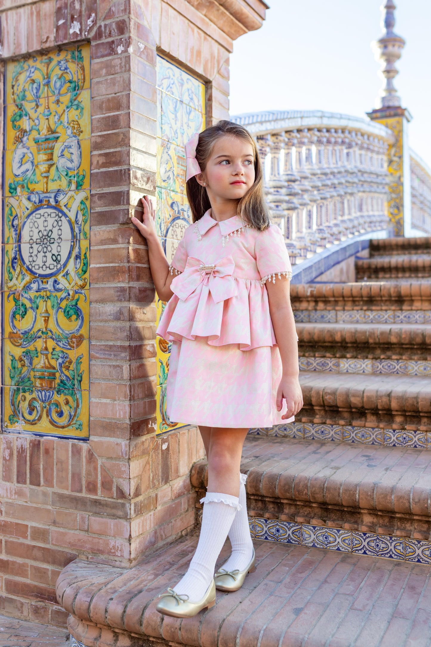 NAXOS Pink & Gold Houndstooth Girls Peplum Dress - 7436