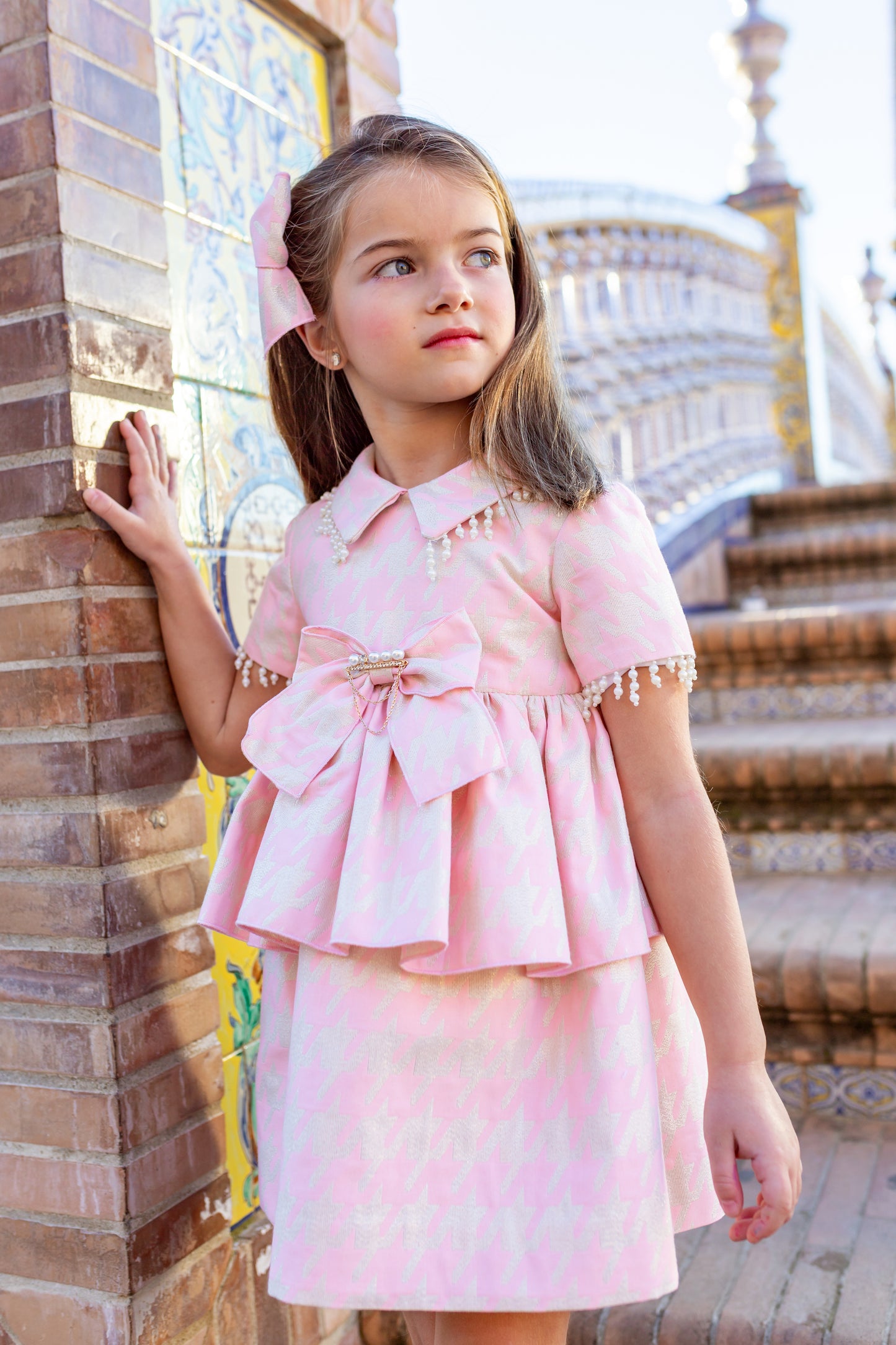 NAXOS Pink & Gold Houndstooth Girls Peplum Dress - 7436