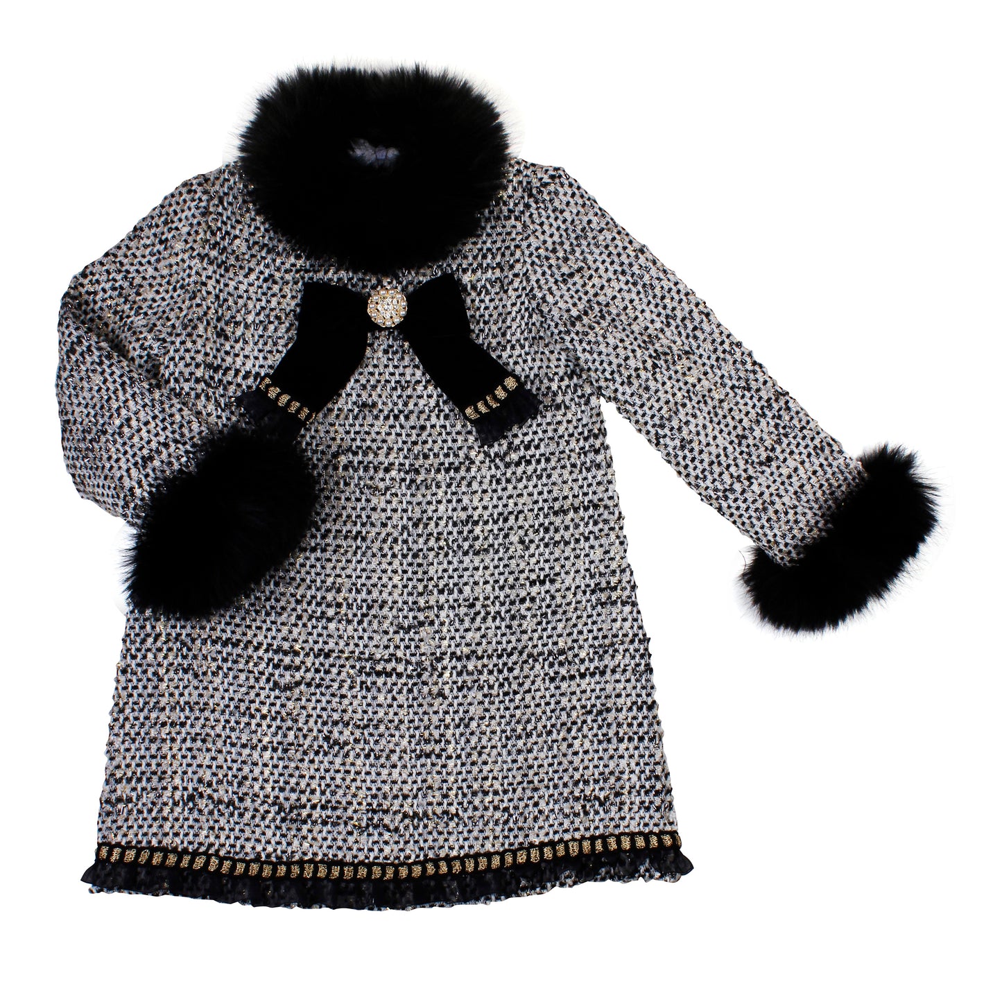 NAXOS Black Tweed Girls A-Line Dress with Fur Trim - 7445