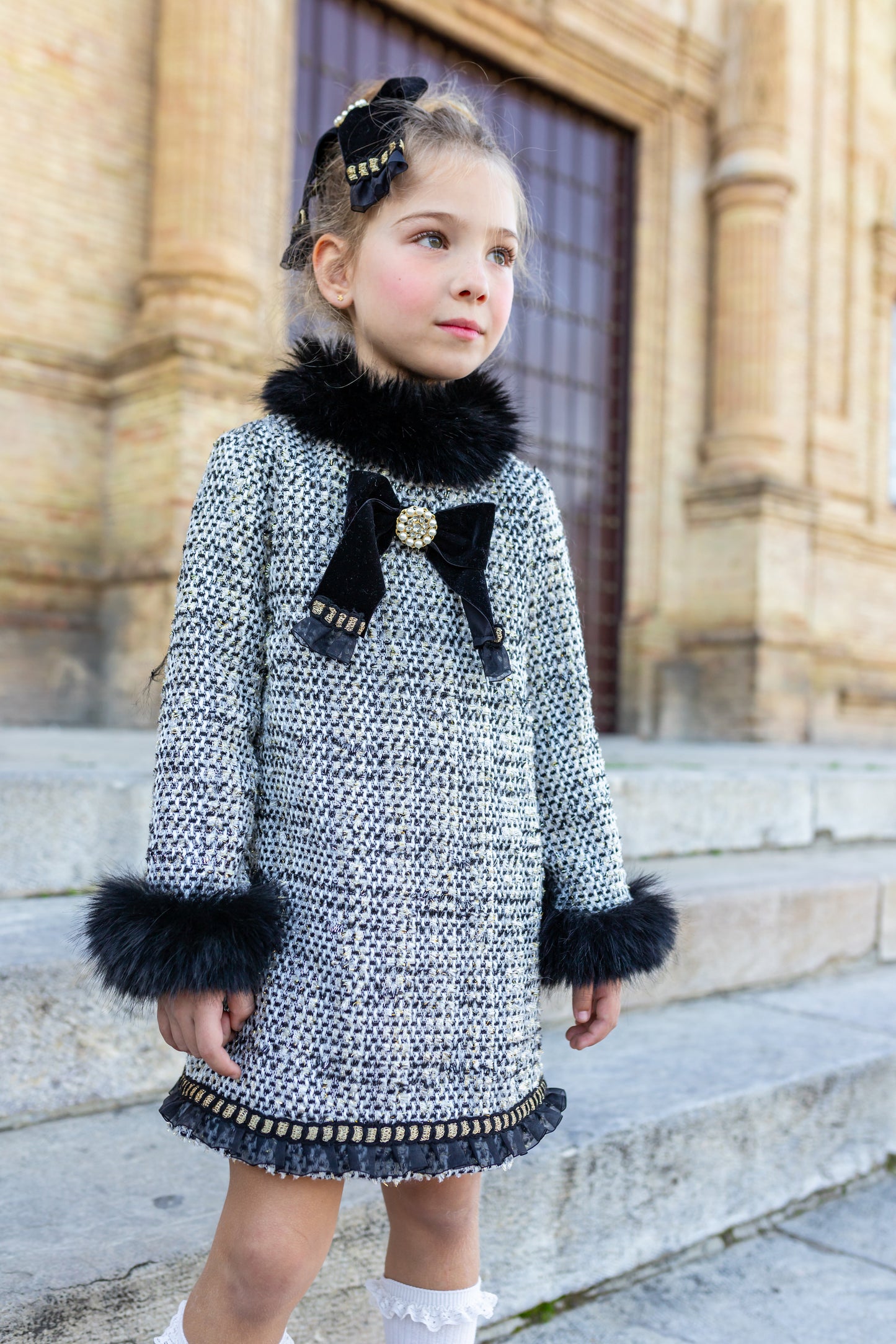 NAXOS Black Tweed Girls A-Line Dress with Fur Trim - 7445