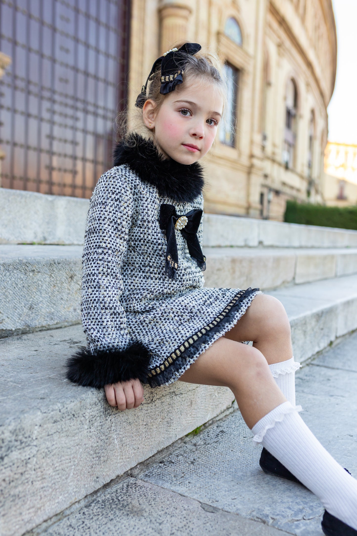 NAXOS AW24 Black Tweed Girls A-Line Dress with Fur Trim - 7445