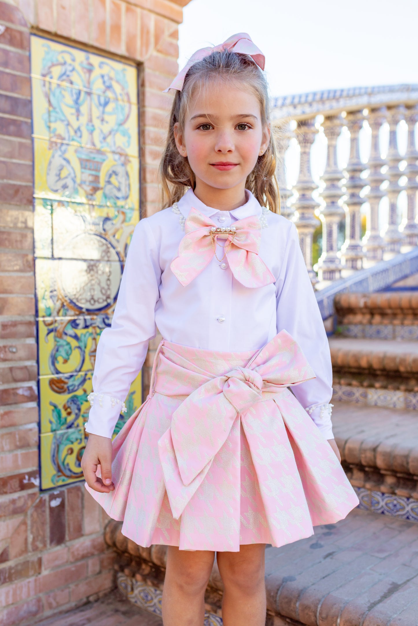 NAXOS Pink & Gold Houndstooth Girls Skirt Set - 7446