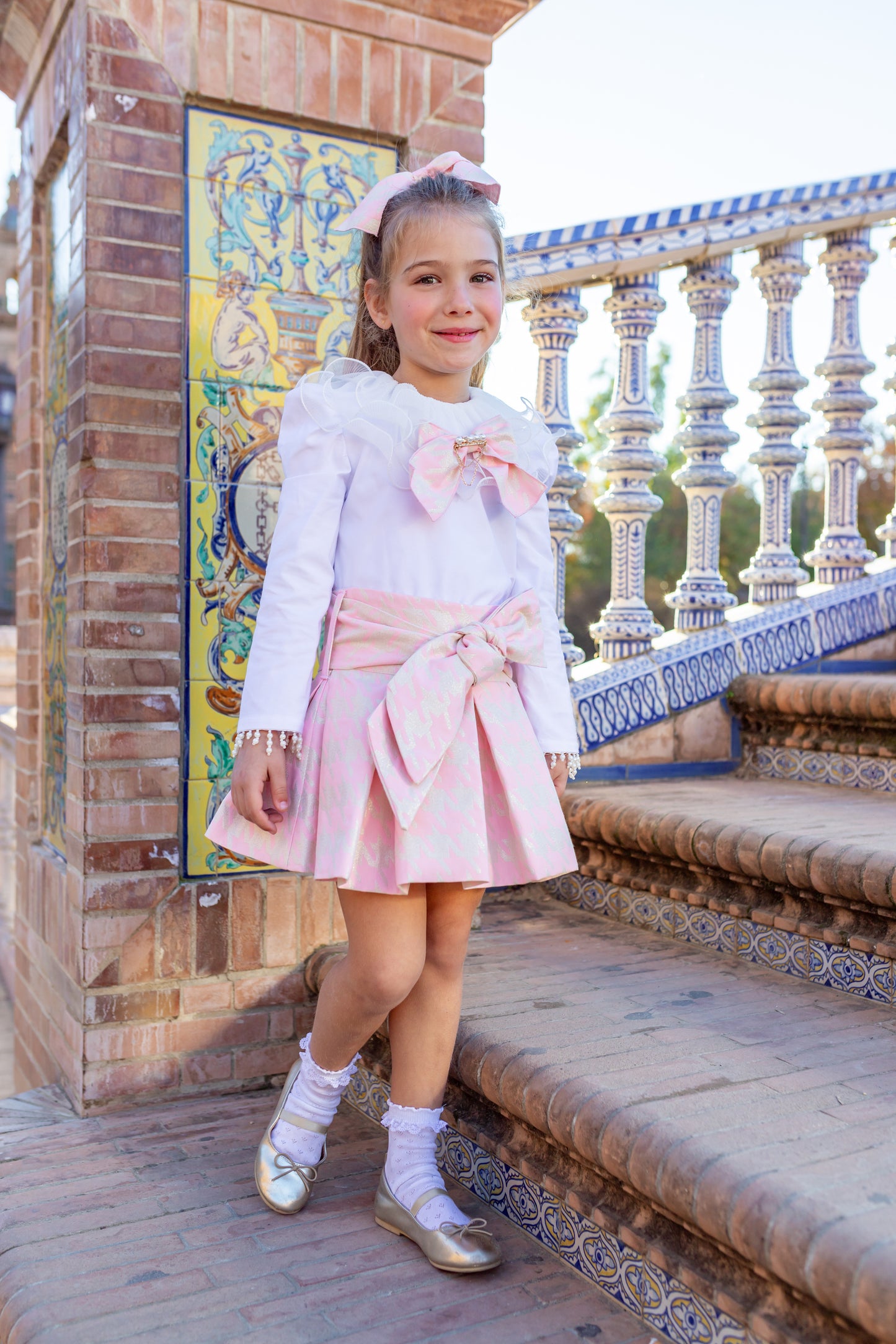 NAXOS Pink & Gold Houndstooth Girls Skirt Set - 7446