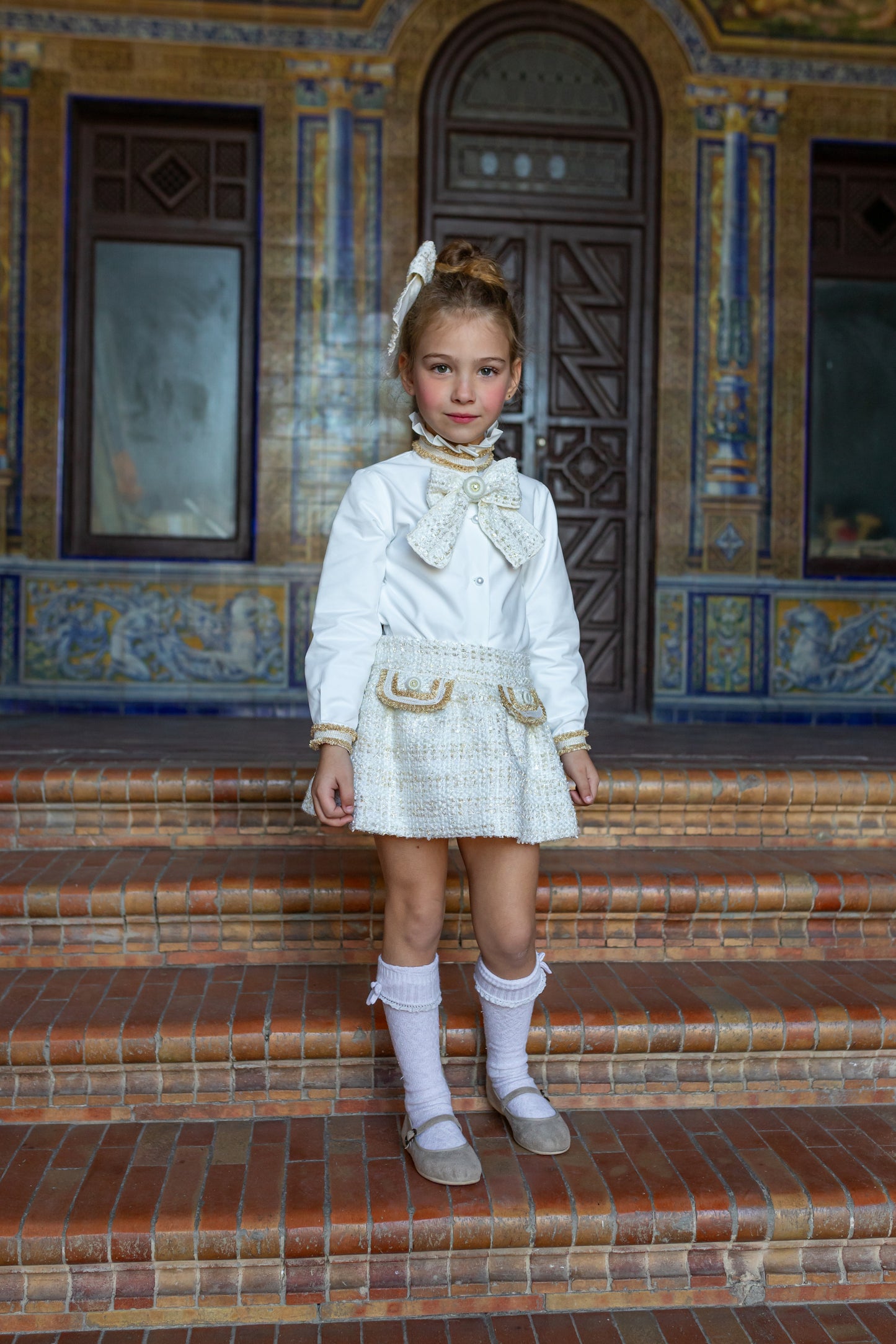 NAXOS Cream & Gold Tweed Girls Skirt Set - 7447