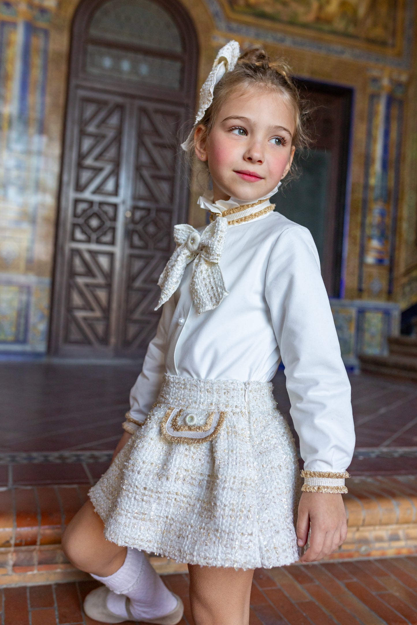 NAXOS Cream & Gold Tweed Girls Skirt Set - 7447