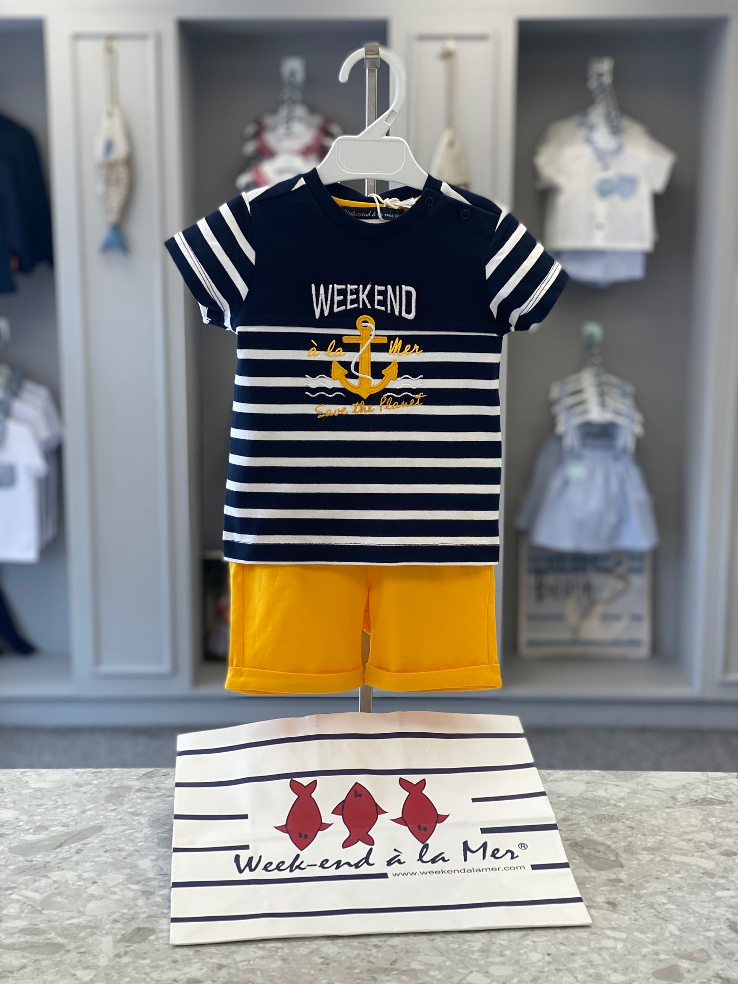 WEEKEND A LA MER Boys Cruising Yellow & Navy Short Set - 12223