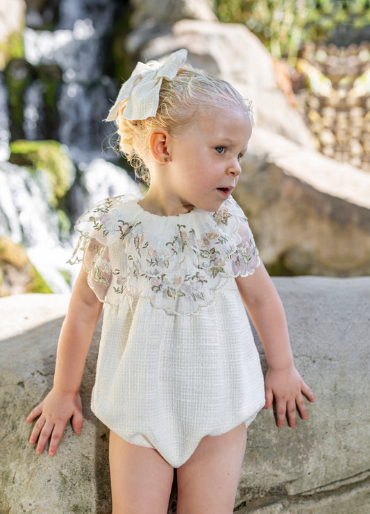NAXOS SS25 Salvia Girls Cream Tweed Floral Embroidered Romper 