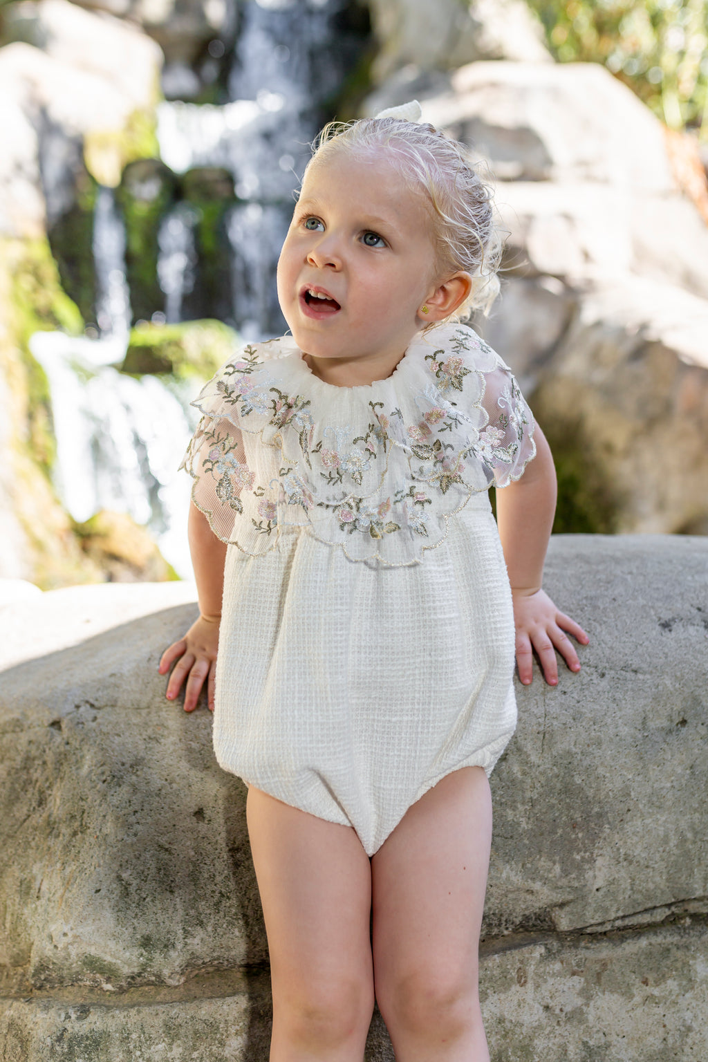 NAXOS SS25 Salvia Girls Cream Tweed Floral Embroidered Romper - 7500