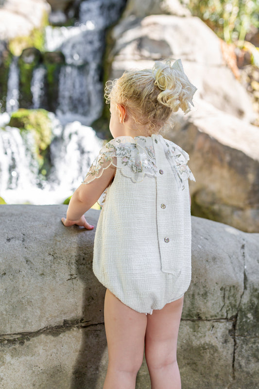 NAXOS SS25 Salvia Girls Cream Tweed Floral Embroidered Romper - 7500