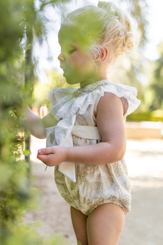 NAXOS SS25 Lobelia Girls Cream & Gold Embroidered Smocked Romper - 7503