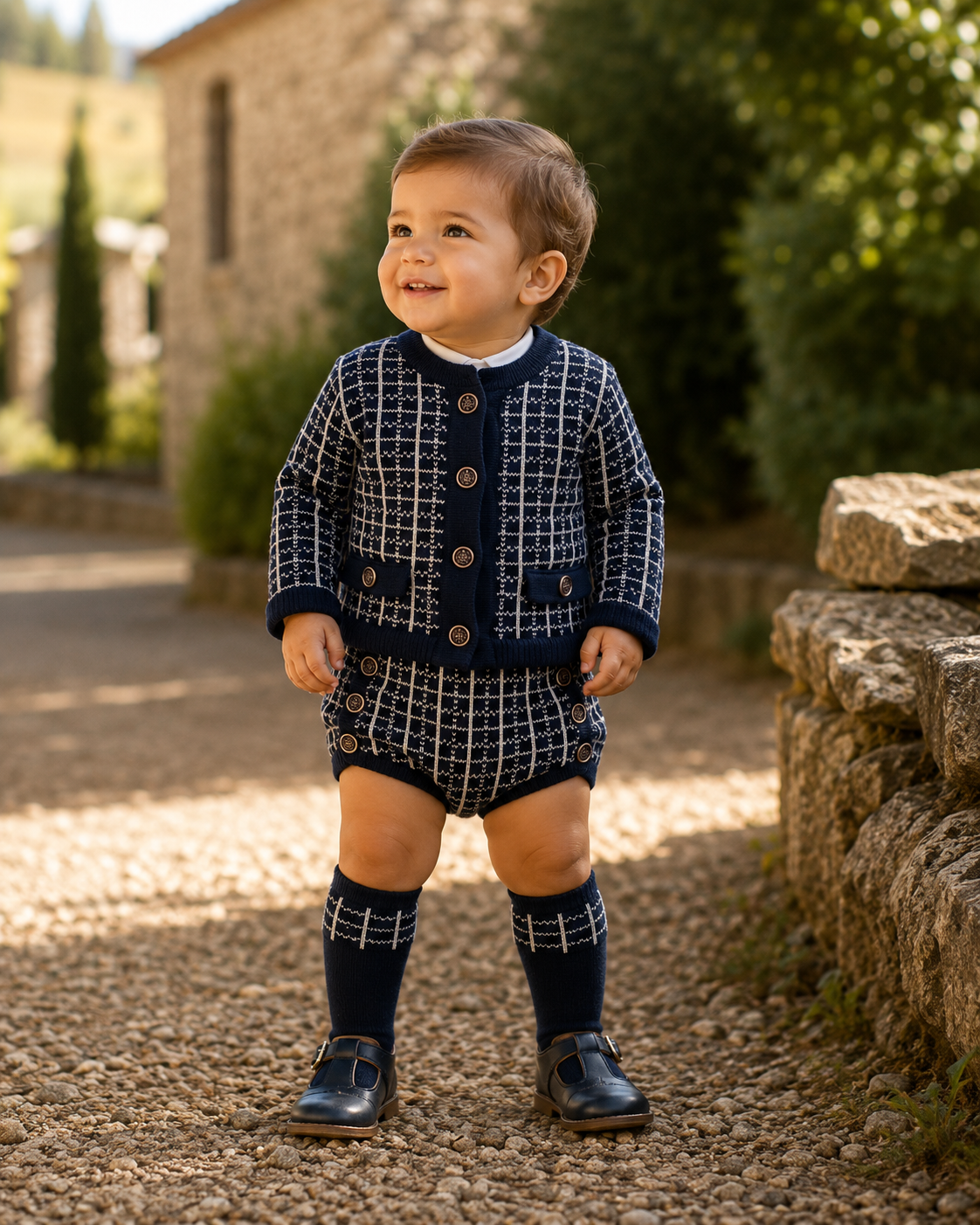 Toddler boy wearing Rahigo navy and cream three piece jam pant set with ivory shirt, knitted cardigan and matching knitted jam pants