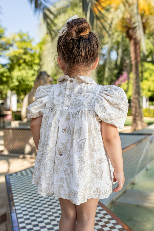 NAXOS SS25 Lobelia Girls Cream & Gold Embroidered Dress - 7526