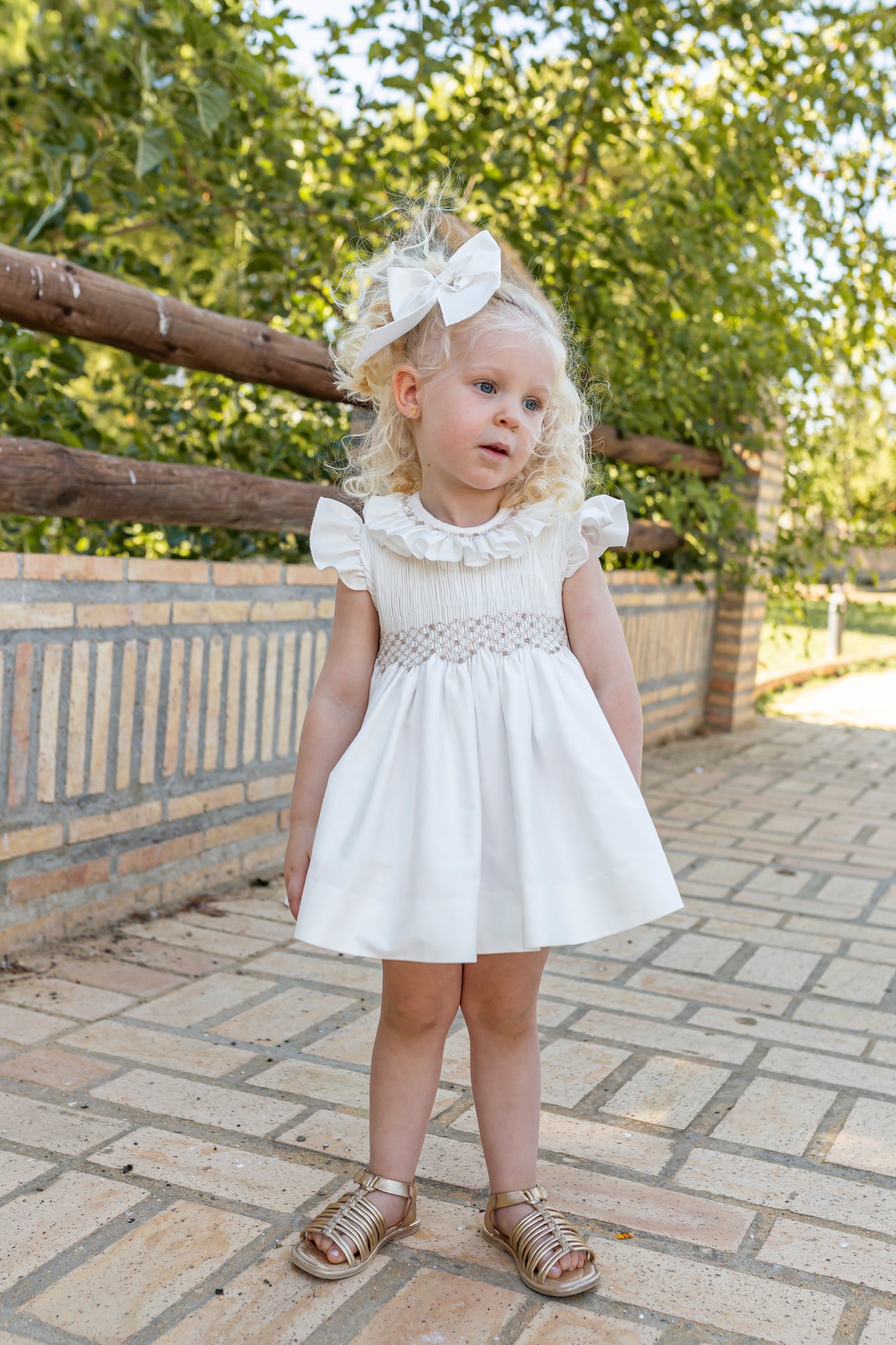 NAXOS SS25 Nata Cream & Beige Girls Hand Smocked Girls Dress - 7528