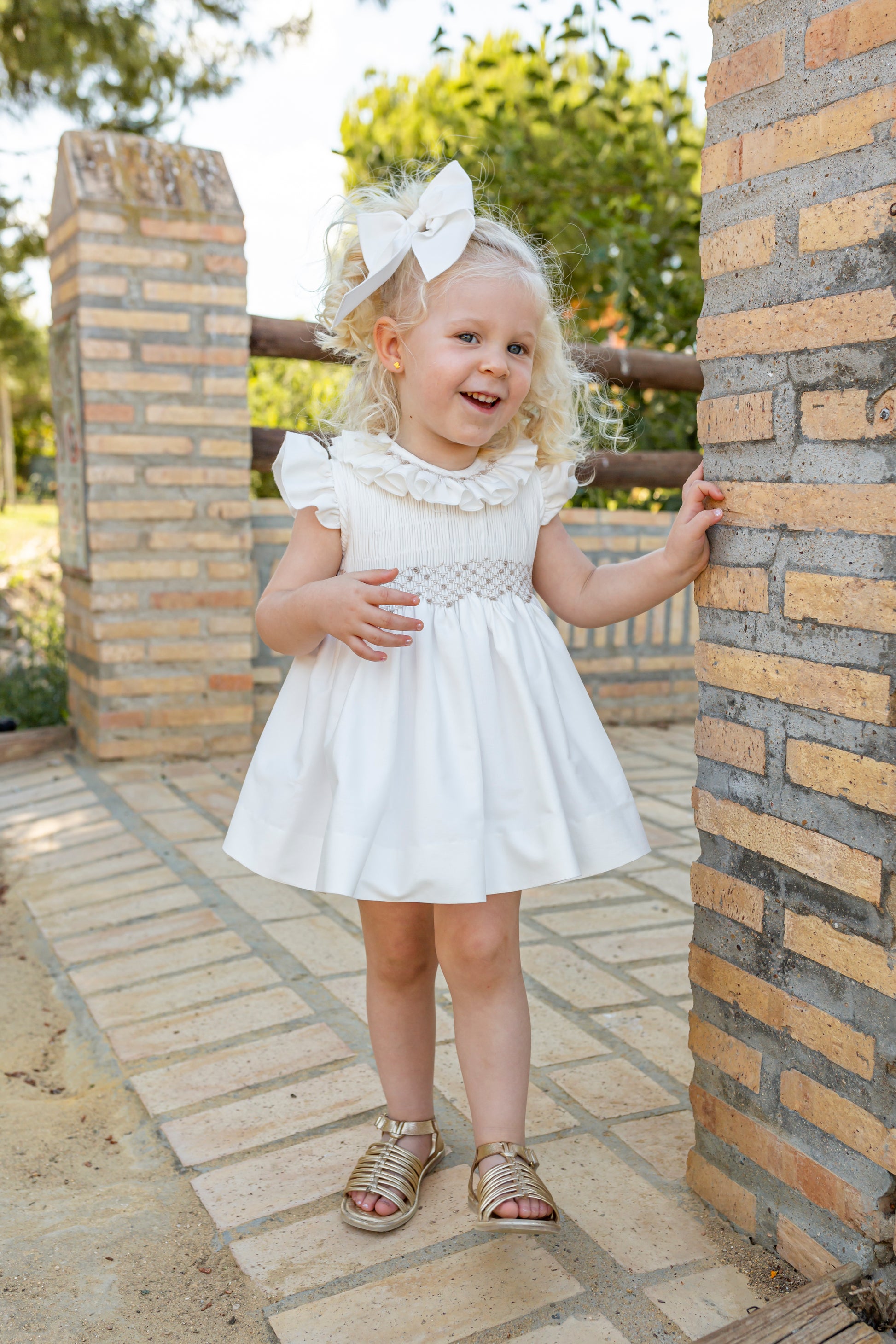 NAXOS SS25 Nata Cream & Beige Girls Hand Smocked Girls Dress - 7528