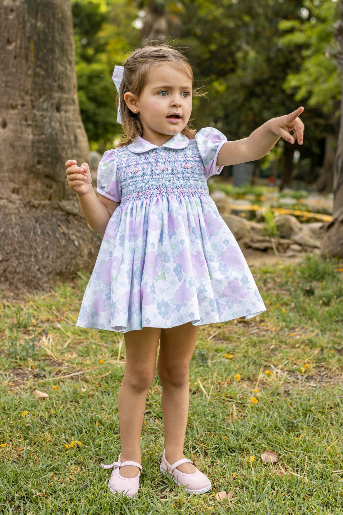 NAXOS SS25 Bonita Girls Blue & Pink Floral Hand Smocked Dress - 7533