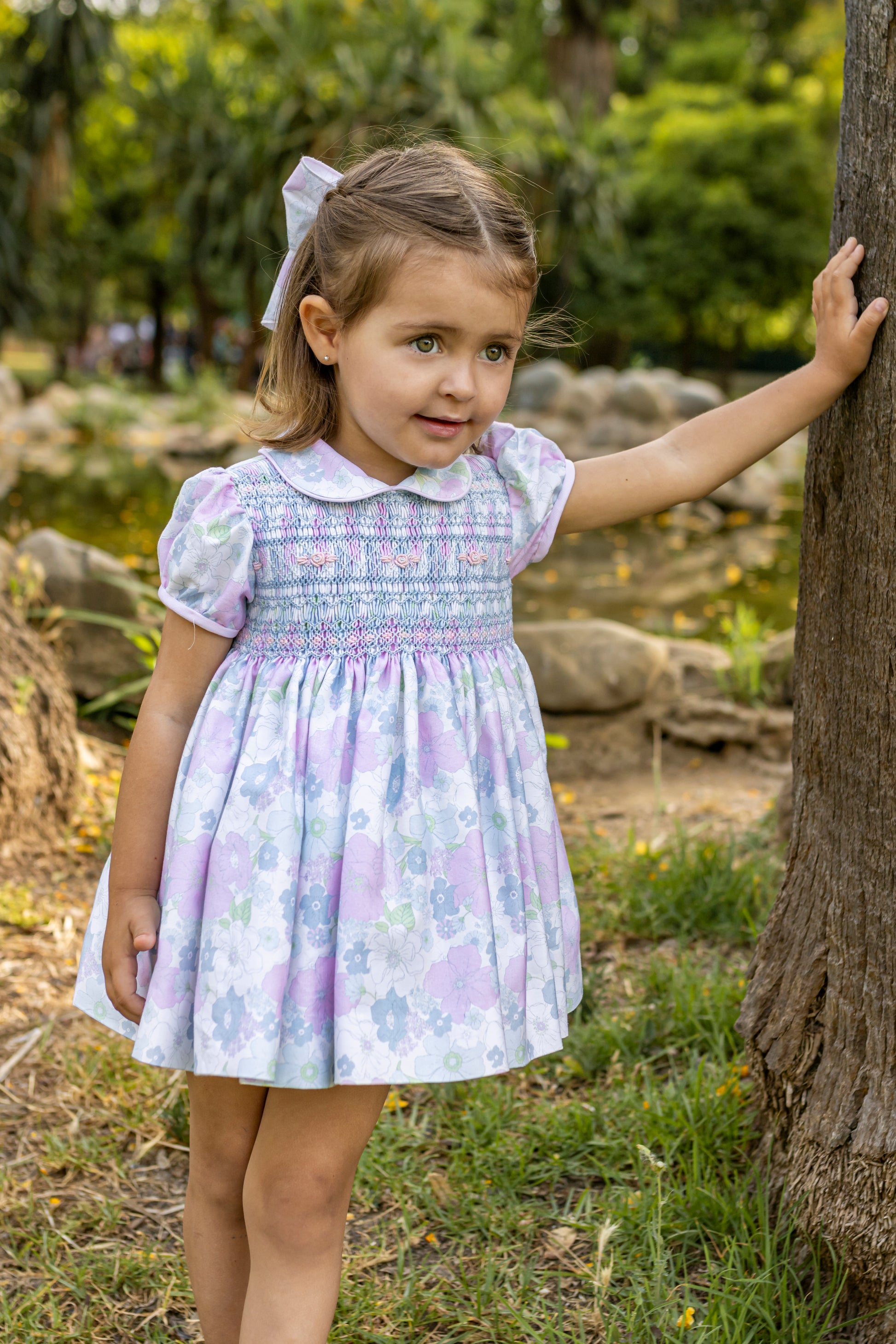 NAXOS SS25 Bonita Girls Blue & Pink Floral Hand Smocked Dress - 7533