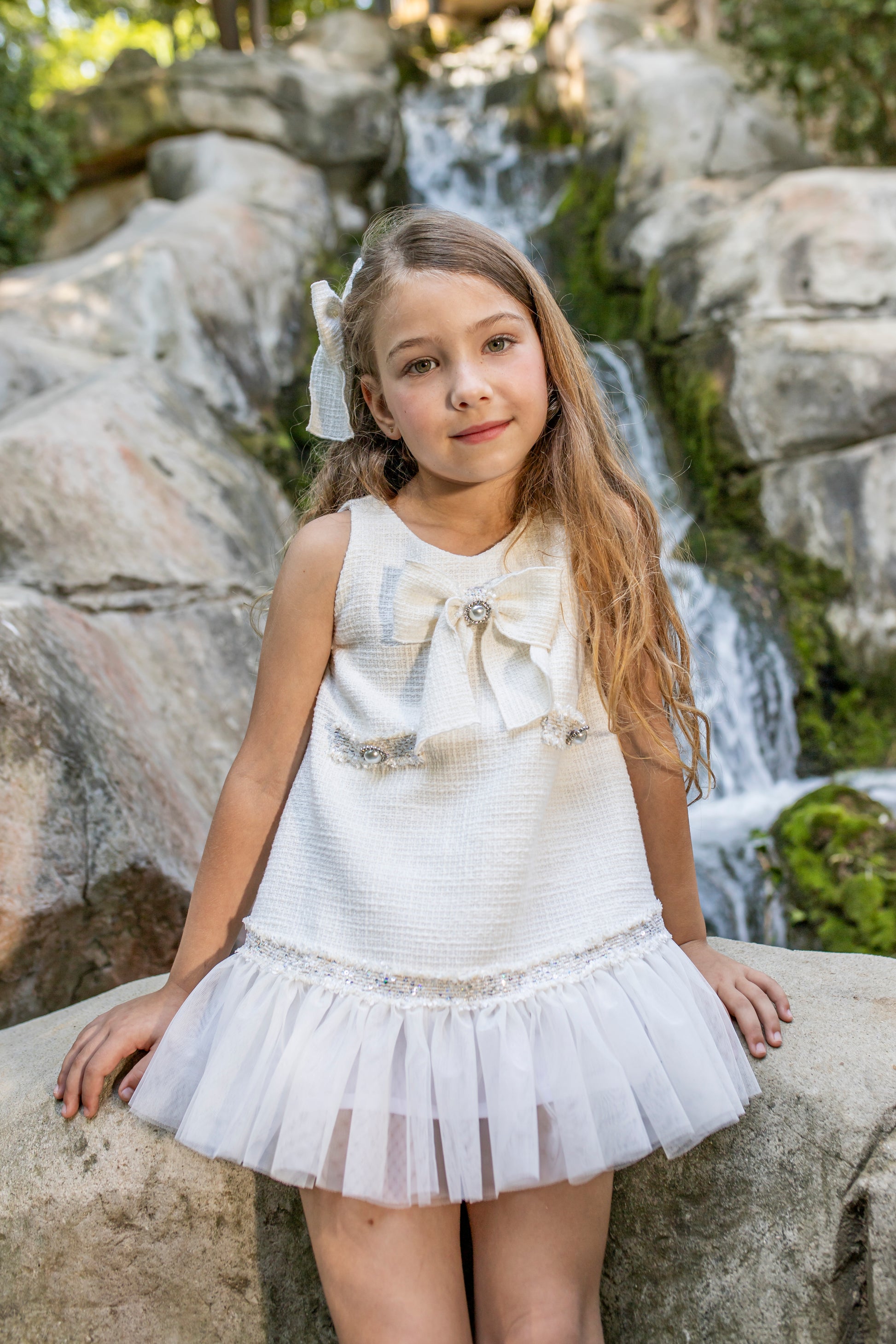 NAXOS SS25 Salvia Girls Cream Tweed & Tulle Dress - 7536