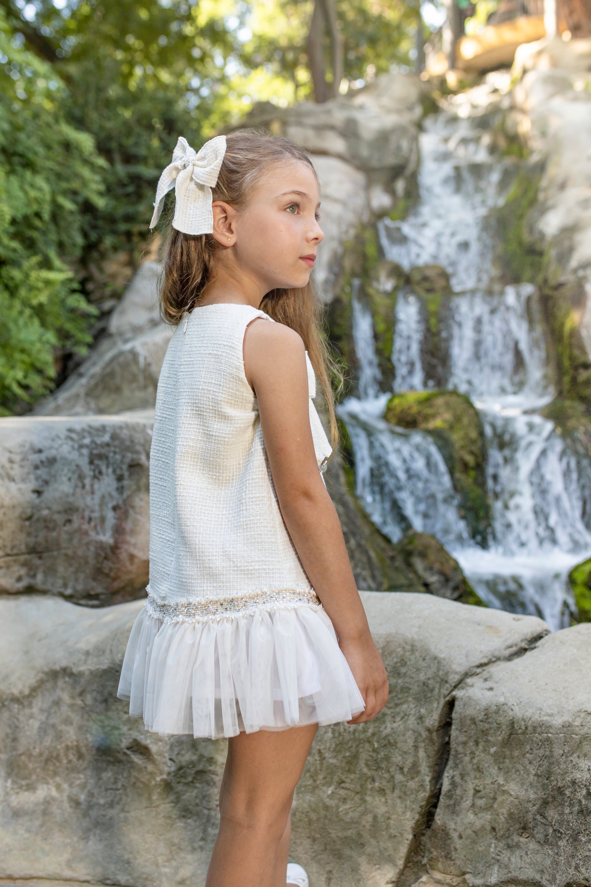 NAXOS SS25 Salvia Girls Cream Tweed & Tulle Dress - 7536