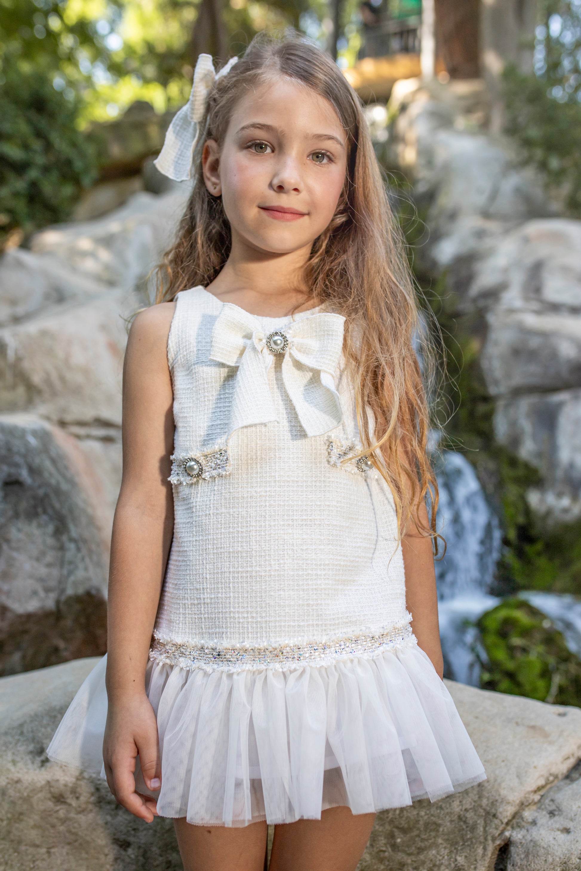 NAXOS SS25 Salvia Girls Cream Tweed & Tulle Dress - 7536