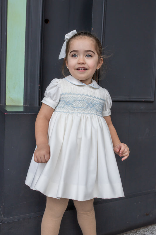 PRE ORDER AW25 NAXOS Cream & Blue Girls Hand Smocked Dress - 7622