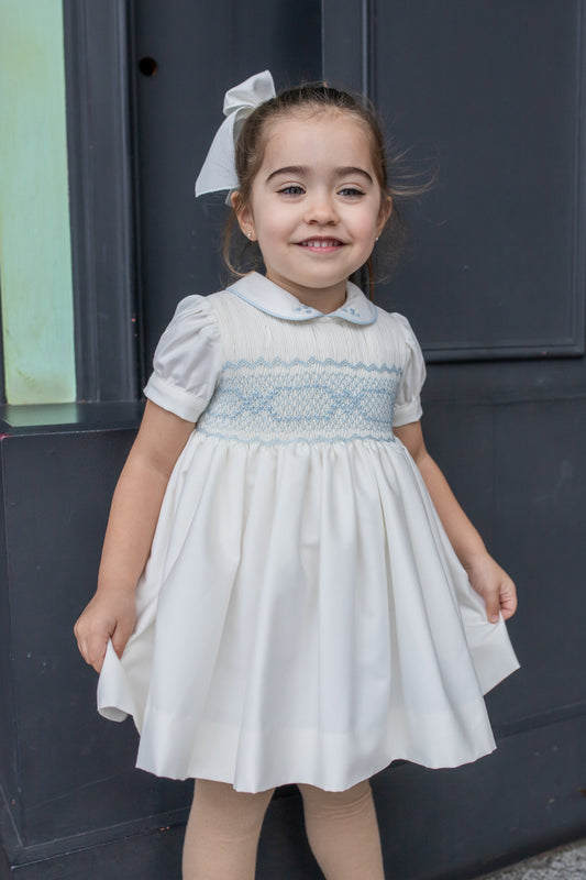 PRE ORDER AW25 NAXOS Cream & Blue Girls Hand Smocked Dress - 7622