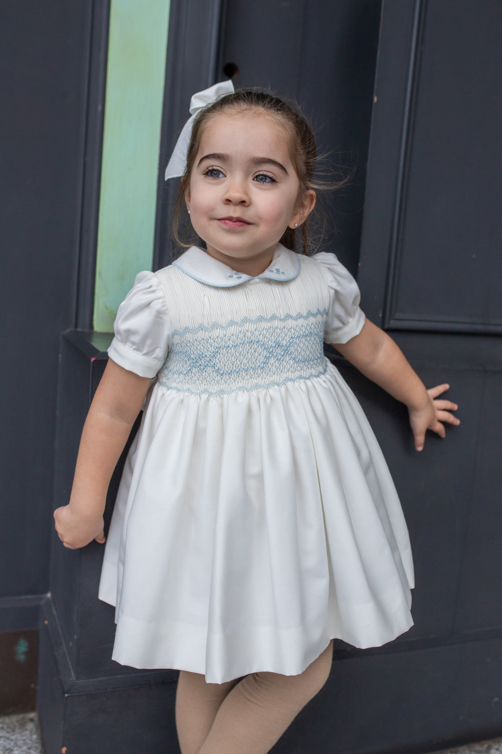 PRE ORDER AW25 NAXOS Cream & Blue Girls Hand Smocked Dress - 7622