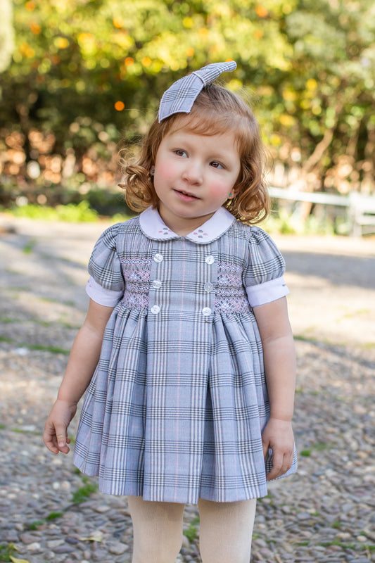 PRE ORDER AW25 NAXOS Grey Check Girls Hand Smocked Dress - 7626