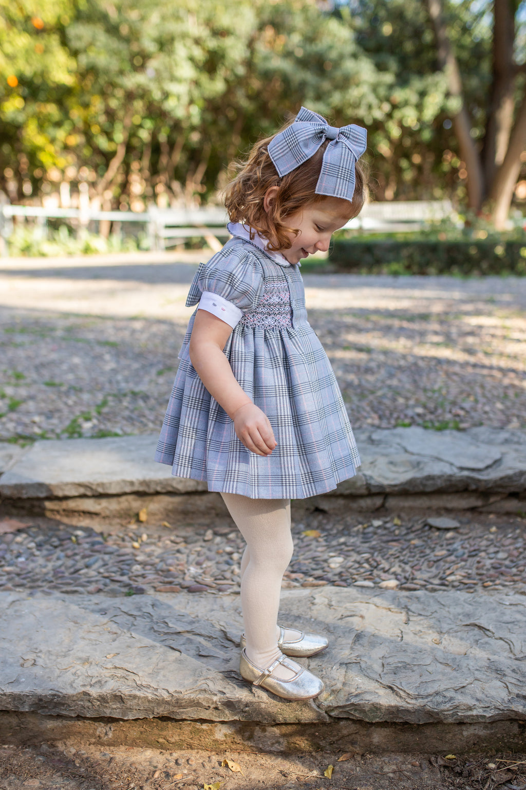 PRE ORDER AW25 NAXOS Grey Check Girls Hand Smocked Dress - 7626