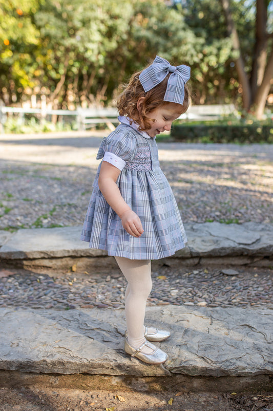 PRE ORDER AW25 NAXOS Grey Check Girls Hand Smocked Dress - 7626