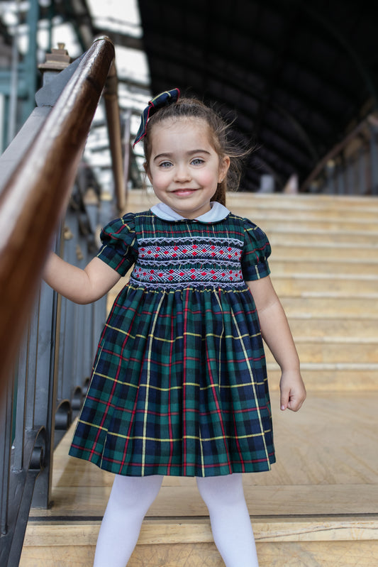 PRE ORDER AW25 NAXOS Navy Tartan Girls Hand Smocked Dress - 7628