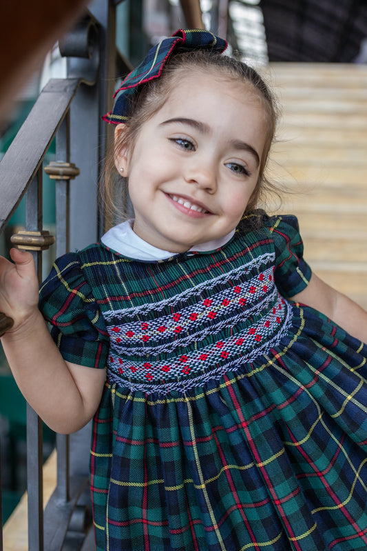 PRE ORDER AW25 NAXOS Navy Tartan Girls Hand Smocked Dress - 7628