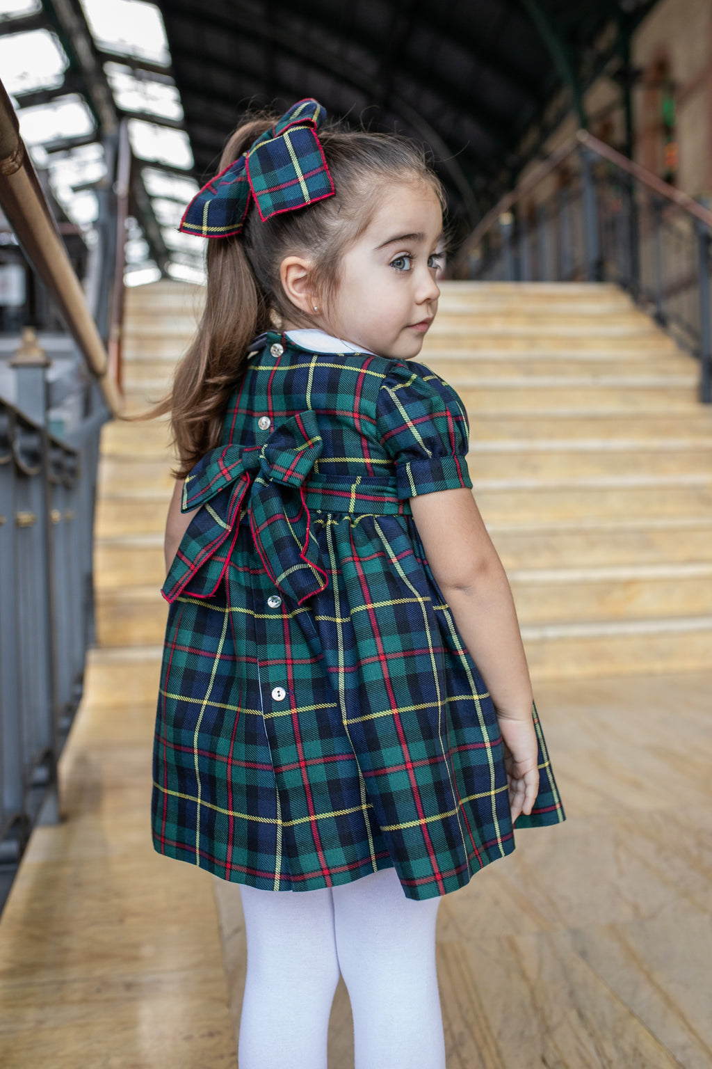AW25 NAXOS Navy Tartan Girls Hand Smocked Dress - 7628