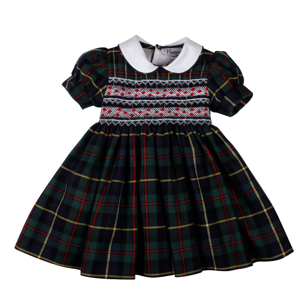 AW25 NAXOS Navy Tartan Girls Hand Smocked Dress - 7628