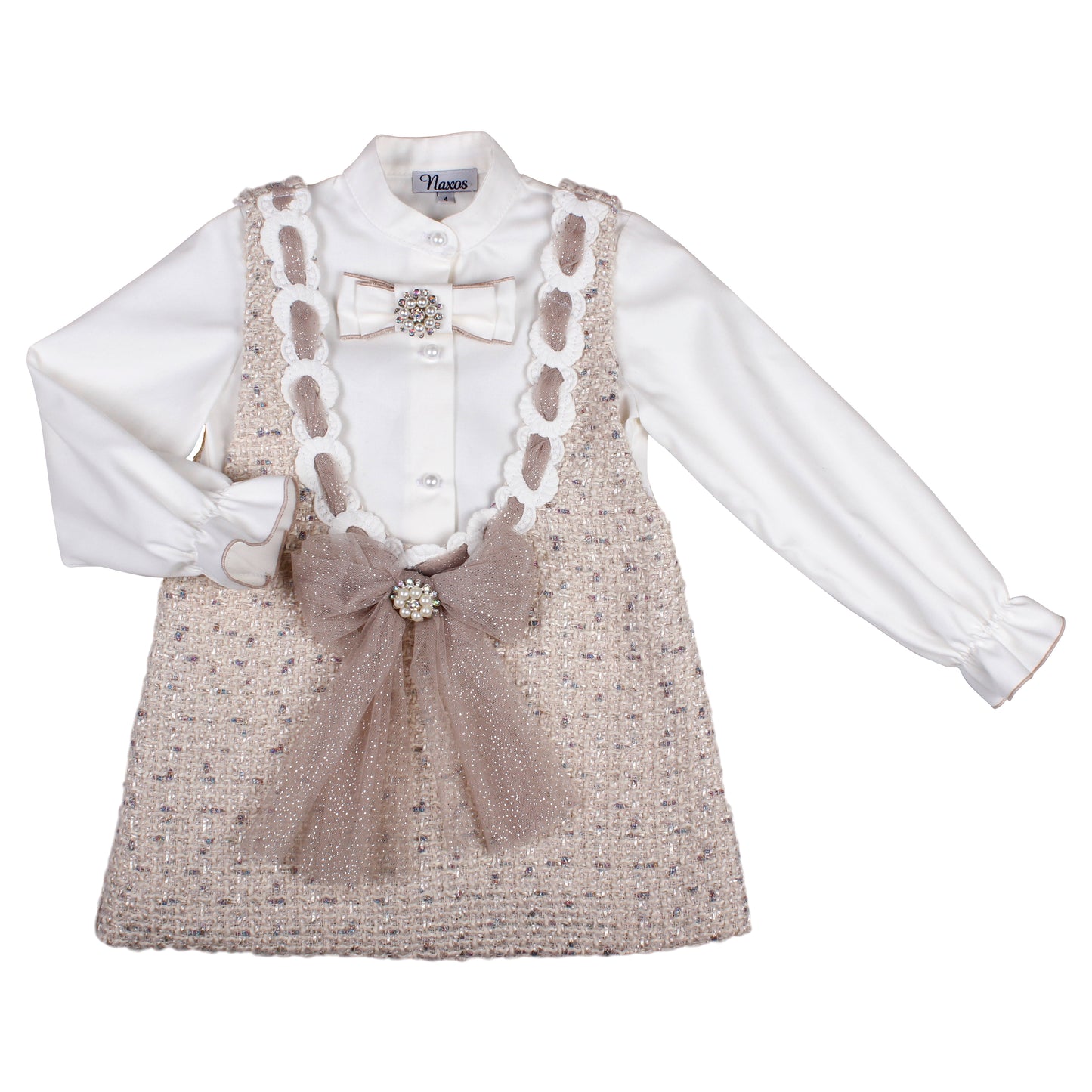 PRE ORDER AW25 NAXOS Camel Tweed Girls Blouse & Pinafore Set - 7642