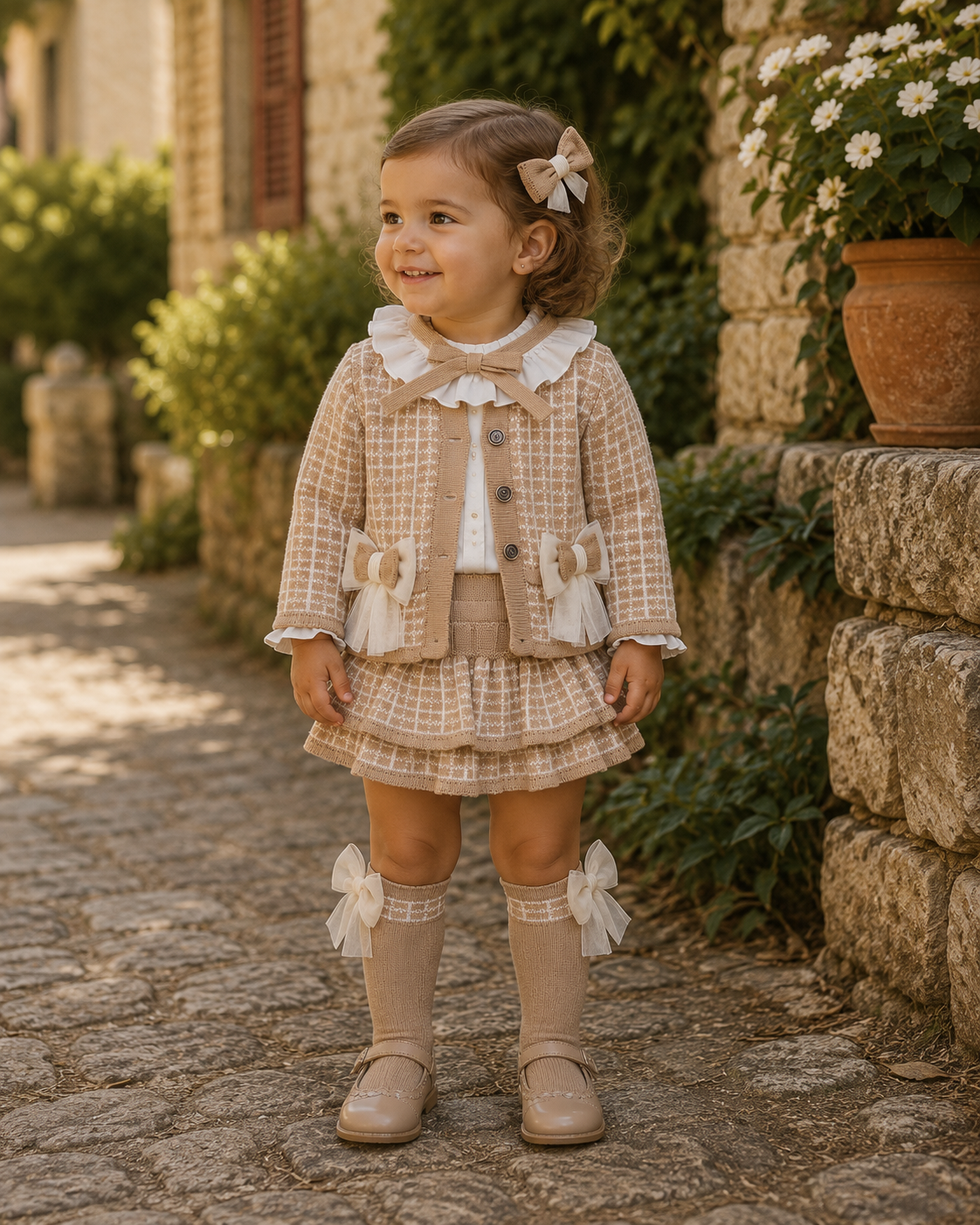 Little girl wearing Rahigo Camel & Cream Girls Three Piece Skort set with matching camel socks.