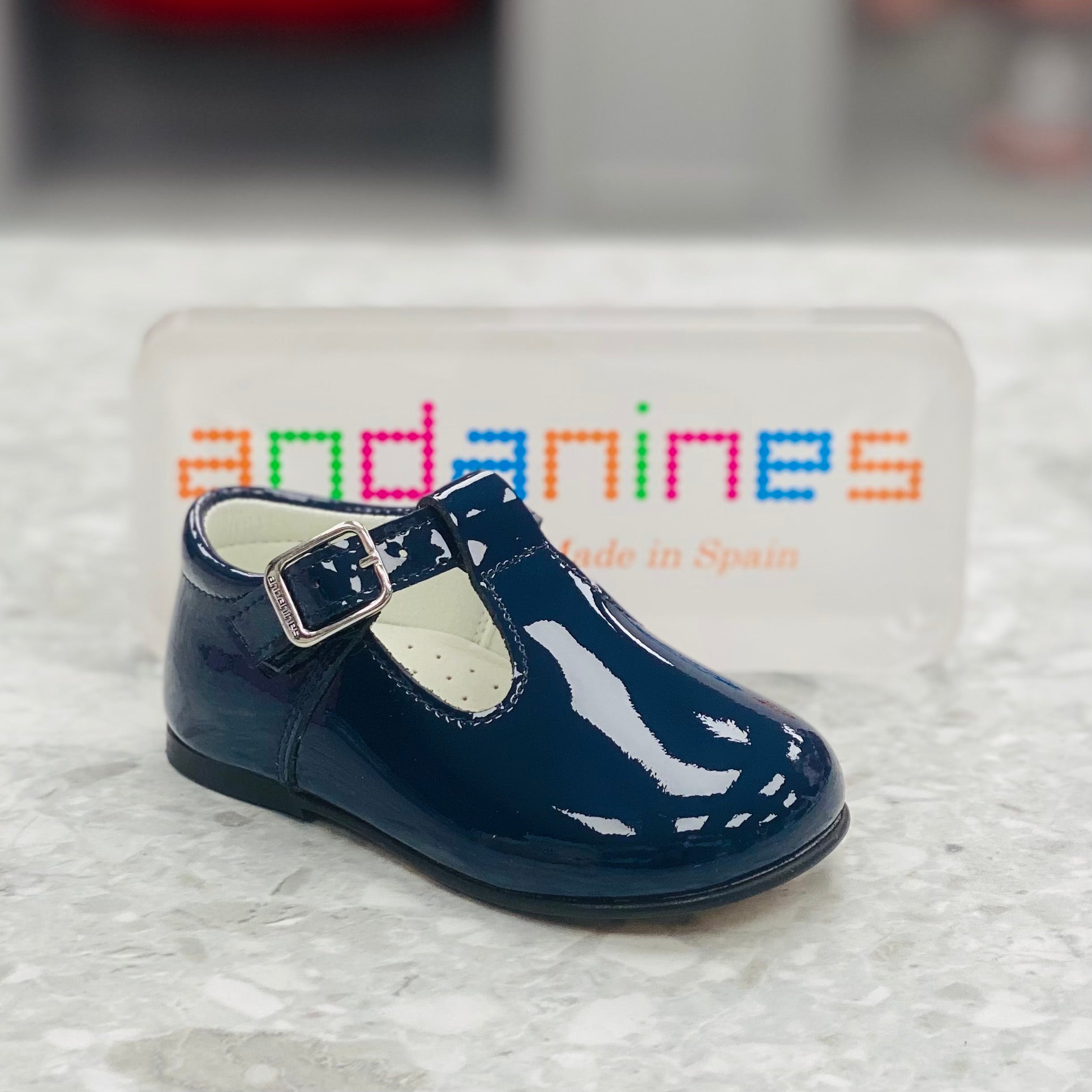 ANDANINES Navy Boys Patent Leather T-Bar Shoes - 162805
