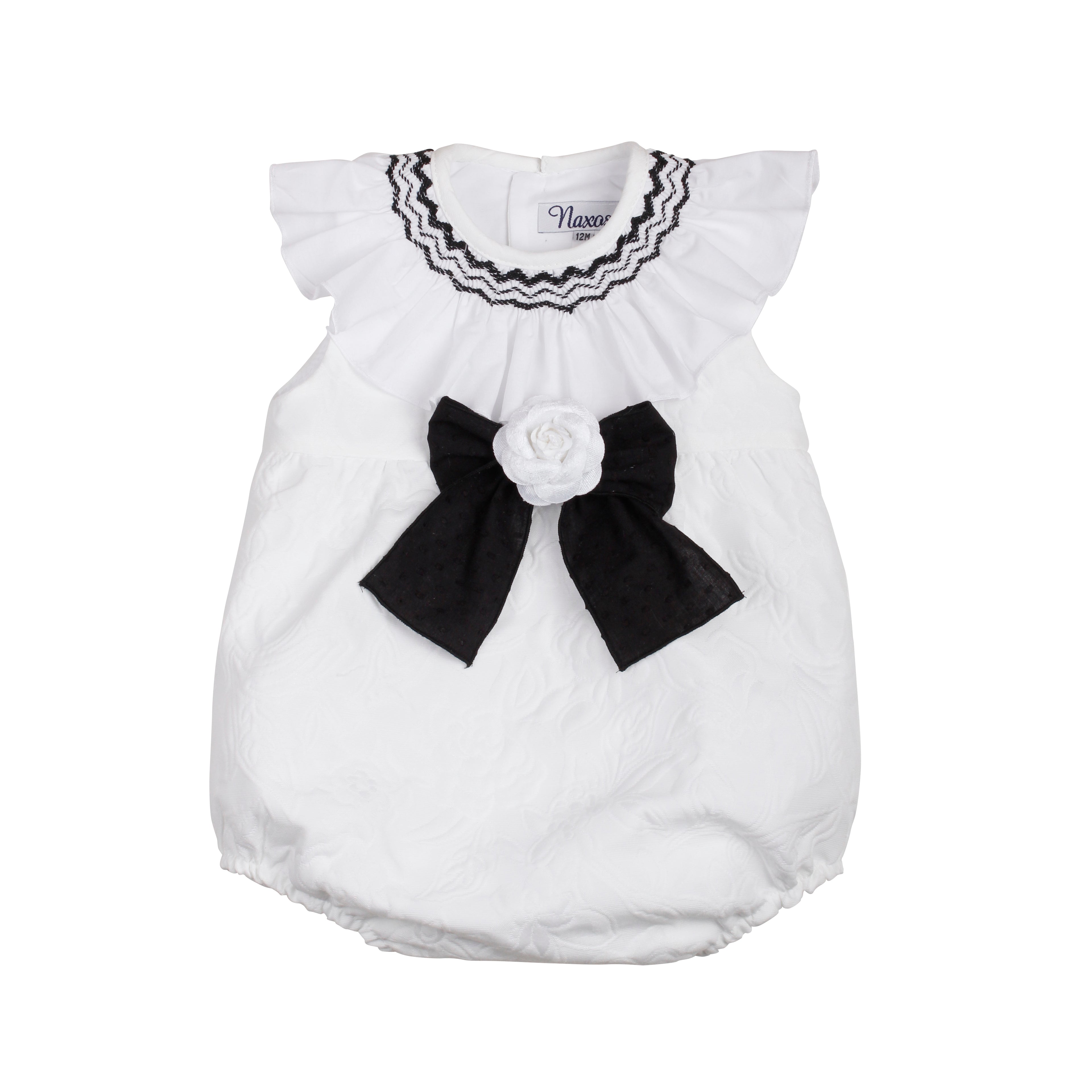 NAXOS Camelia Girls Black & White Jacquard Smocked Romper - 7700