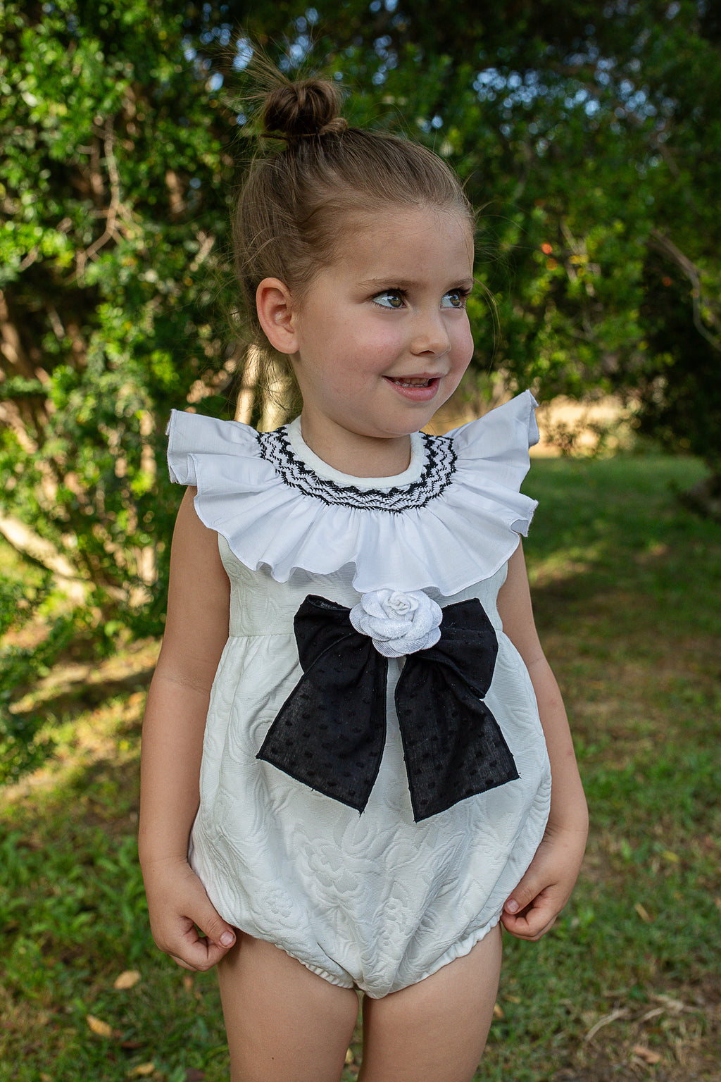 NAXOS Camelia Girls Black & White Jacquard Smocked Romper - 7700